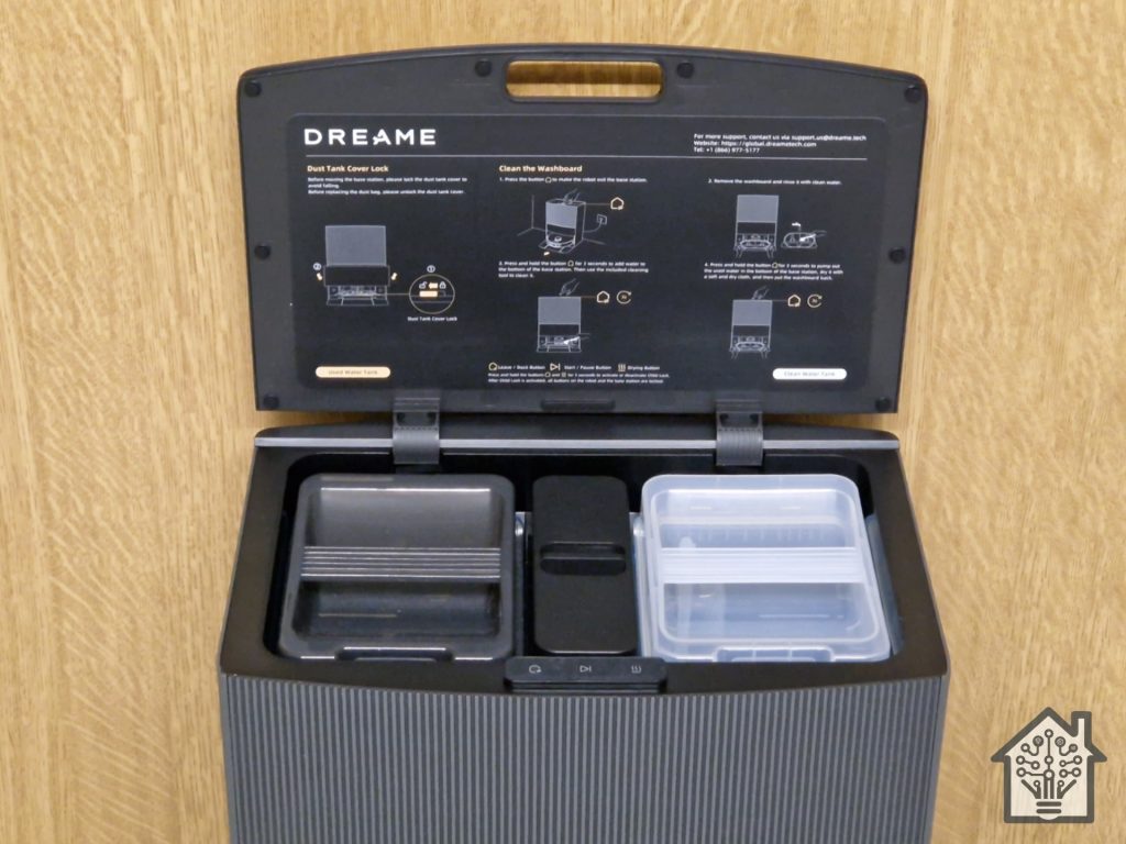 Picture of the DreameBot L30 Ultra dock showing its water tanks and detergent cartridge