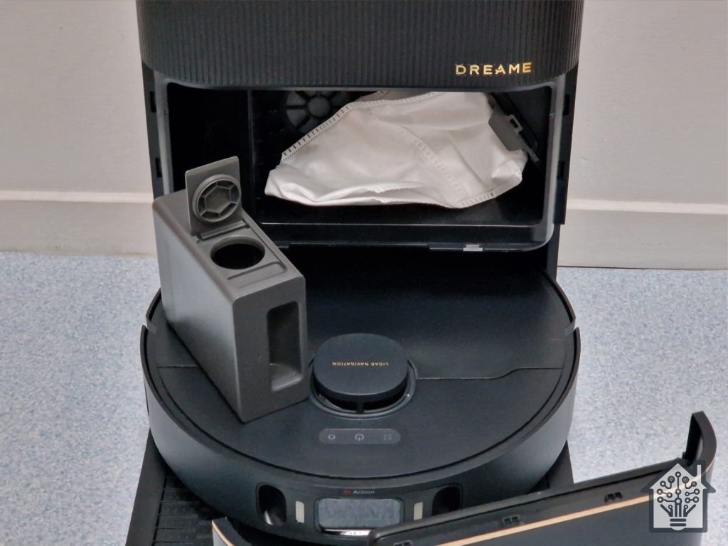 DreameBot X30 Ultra dock showing the detergent tank and dust bag