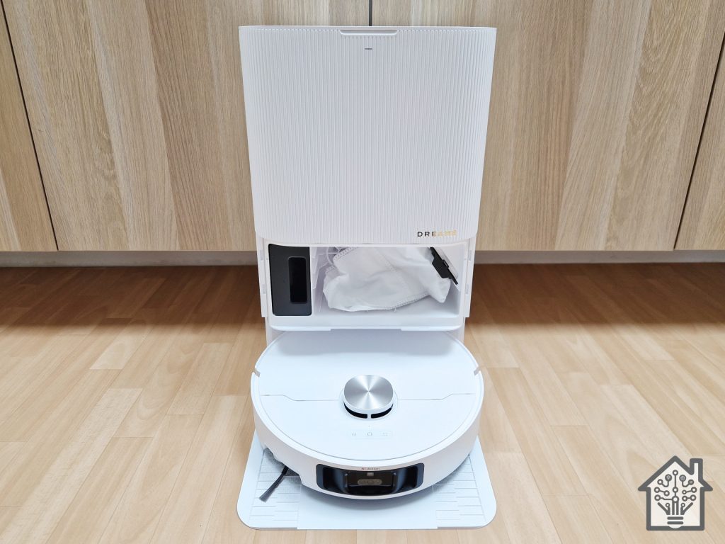 Dreame X40 Ultra dock, showing the dust bag and detergent tank