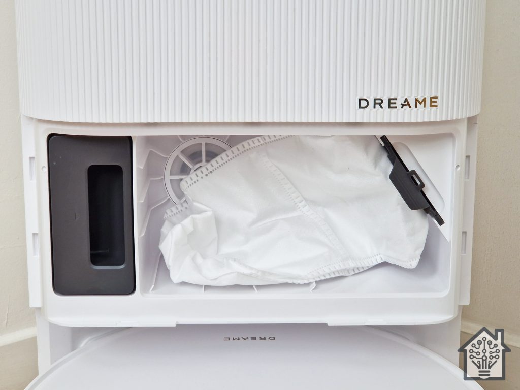 Dreame X40 Ultra dock, showing the dust bag and detergent tank